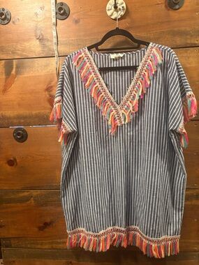 entro Resort Wear Striped V-Neck Fringe Swim Cover with Multicolor Tassels